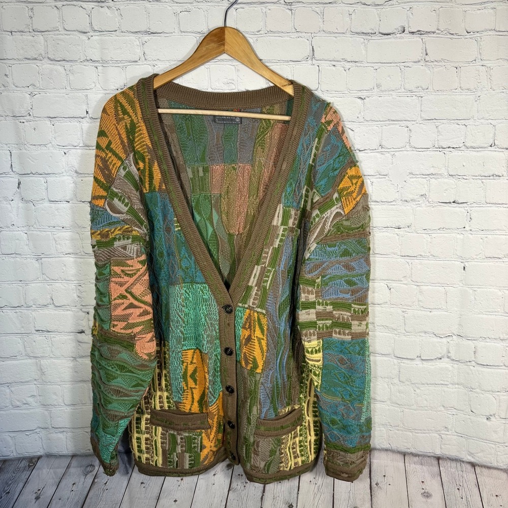 Coogi Australia Mens Vintage 3D Knit Wool Cardigan Sweater Large Multi Color
